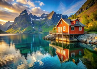 Fototapeta premium Serene house on tranquil waters, embraced by azure seas and towering mountains, creates a perfect landscape sanctuary for relaxation and peaceful reflection.