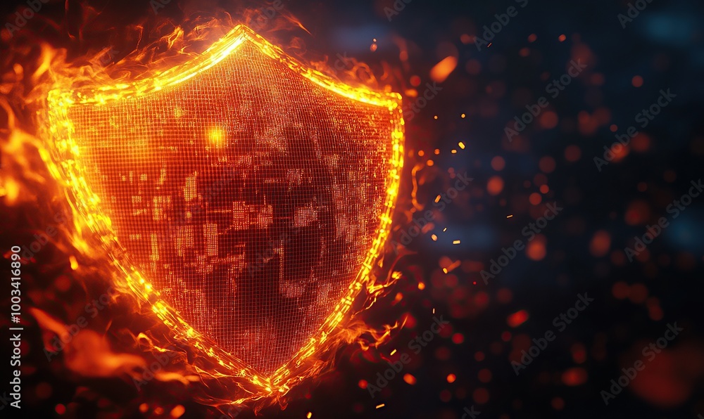 Aufkleber a glowing orange shield icon with a digital grid pattern on a dark background