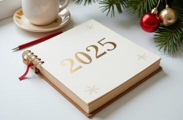New planner for 2025 on a white table with a coffee cup, pen, and Christmas decorations capturing a festive atmosphere