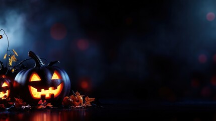 Obraz premium Glowing Halloween pumpkins with carved faces on a dark spooky background, perfect for banner designs with copy space. Eerie jack-o'-lanterns illuminated, creating a mysterious atmosphere for Halloween
