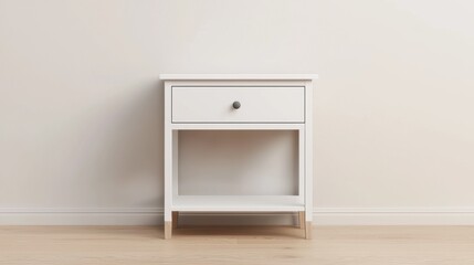 Fototapeta premium Modern white nightstand with drawer on a wooden floor against a blank wall.