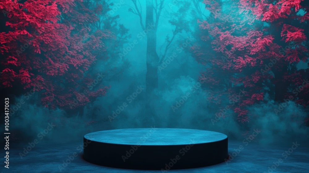 Aufkleber mysterious forest setting with a circular platform, mist, and vivid red trees.