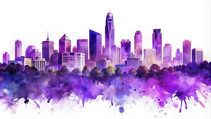 Fototapeta premium Stunning Charlotte skyline depicted in purple watercolor against a clean white background, perfect for enhancing your creative projects and adding a touch of elegance.