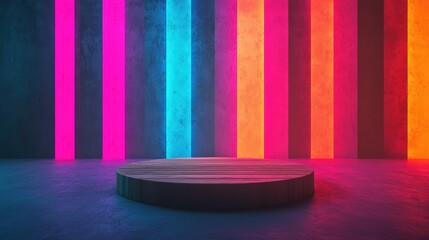 Neon light backdrop with circular podium for presentations and events.