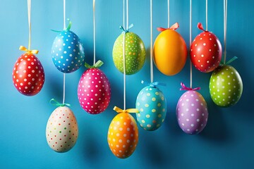 Vibrant Easter eggs suspended against a blue backdrop create a minimalist touch, perfect for holiday d&eacute;cor and celebrations that celebrate simplicity and joy.
