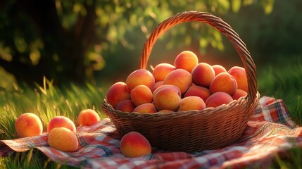 A basket of peaches sitting on a picnic blanket, with the fruit glowing in the soft afternoon light.
