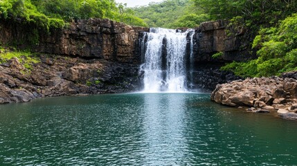 Fototapeta premium Serene waterfall cascading into a tranquil pool surrounded by lush greenery.