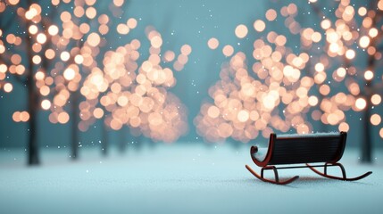 Sled on snow with glowing lights in background, winter wonderland scene.