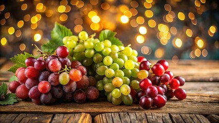 Fototapeta premium Vibrant red and green grapes arranged on a rustic wooden table, set against a backdrop of festive bokeh lights that enhance the celebratory atmosphere.