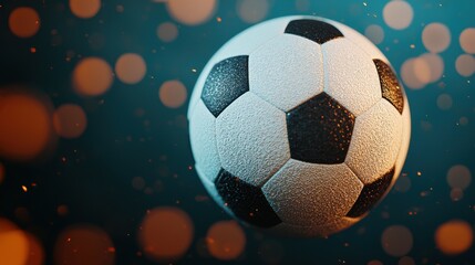 Naklejka premium Soccer ball floating, dynamic background with glowing bokeh lights.
