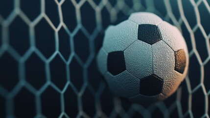 Soccer ball in a goal net, capture of sports excitement and victory.