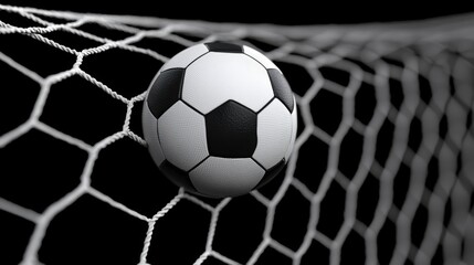 Soccer ball in net, dynamic action and sport concept, black isolate background