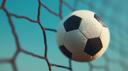 Naklejka premium Soccer ball hitting the net, clear blue background