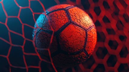 Soccer ball in net with vibrant lighting, dynamic sports imagery.