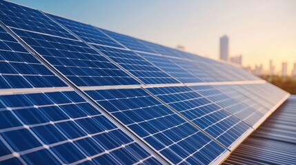 Obraz premium Solar panels capturing sunlight at sunset, vibrant urban skyline in the background.