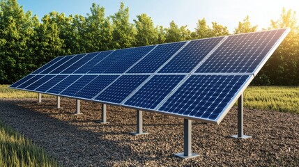 Solar panels in a field, green trees in the background, clear blue sky.