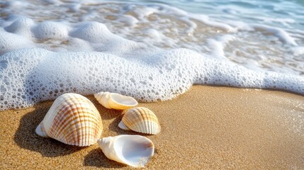 A close-up of seashells scattered on the sandy shore by the sea, with gentle waves lapping at the edge.