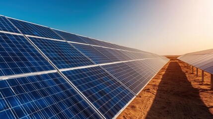 Solar panels on a sunny day in a renewable energy field.