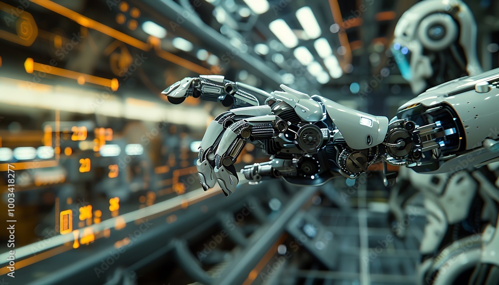 Poster AI-Driven Robot Repairing Conveyor Belt with Holographic Diagnostics in Futuristic Factory