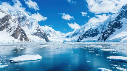 Stunning icy landscape with mountains under a bright blue sky and floating icebergs.