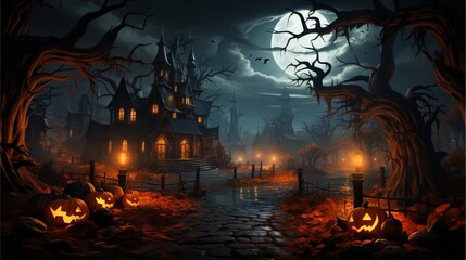 Obraz premium Halloween Night Mystery Graveyard Illustration,Ai