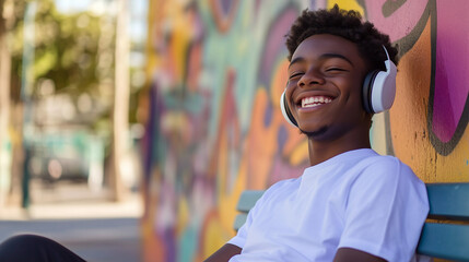 Fototapeta premium A teenager sitting on a park bench, wearing headphones and smiling widely while listening to music v3