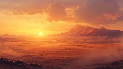A hazy desert evening, with the sun setting behind a distant mountain range, casting a warm, soft light over the barren landscape.