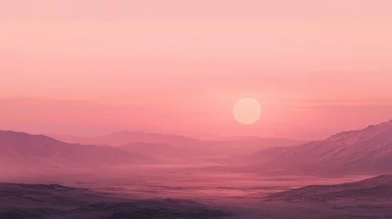 Selbstklebende Fototapeten Hellrosa A hazy desert landscape at dusk, with a glowing pink sky and distant sand dunes barely visible through the soft light.  © sujitea