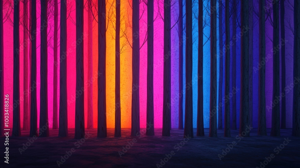 Poster vibrant forest with colorful lights creating a surreal atmosphere.