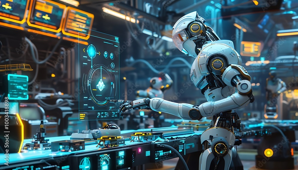 Poster ai-driven robot repairing conveyor belt with holographic diagnostics in futuristic factory