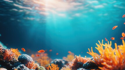 Naklejka premium Vibrant underwater scene with colorful coral and fish, capturing marine life.
