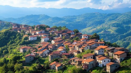 Obraz premium A hilltop village with terracotta roofs and a panoramic view of the surrounding countryside.