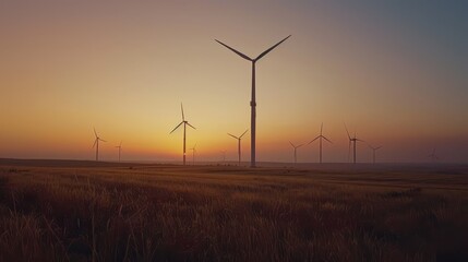 Obraz premium Wind Turbines Silhouetted Against a Sunset Sky