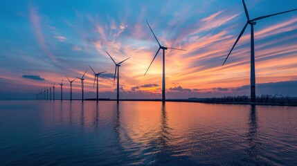 Obraz premium Wind Turbines Silhouetted Against a Vibrant Sunset Sky Over Water