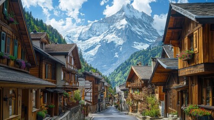 A mountain village with steep streets, wooden cabins, and snow-capped peaks in the background.