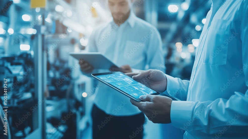 Poster engineers using tablet and laptop in modern factory
