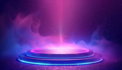Futuristic Circular Platform with Neon Lights and a Starry Background