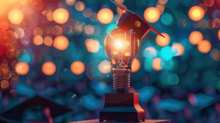 Illuminated Light Bulb with Graduation Cap on a Stage