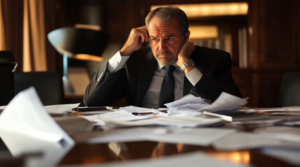A businessman sitting at a conference table, his expression one of deep concern