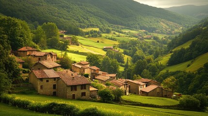 A village nestled in a valley surrounded by rolling hills, with stone houses and lush green fields.