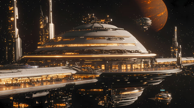 Interstellar trade depot 3d rendering - central hub for galactic commerce. Galactic Marketplace. Illustration