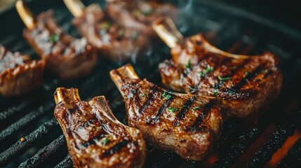 Close-up of grilled lamb chops sizzling on a barbecue grill, with a golden-brown, crispy crust.