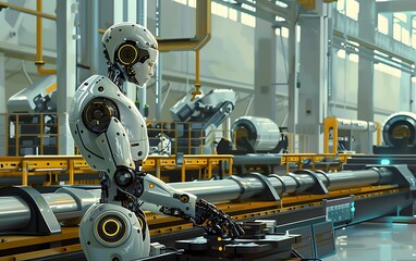 AI-Powered Industrial Robot Adjusting Mechanical Press in High-Tech Factory