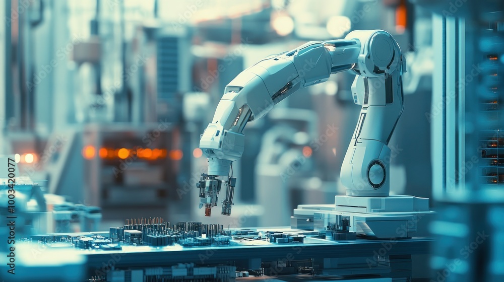 Aufkleber robotic arm assembling circuit board in a factory