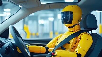 Vehicle safety demonstration with crash test dummy in car, airbag deployment, and visible seatbelt. Professional crash test facility showcasing automotive safety features and collision protection tech
