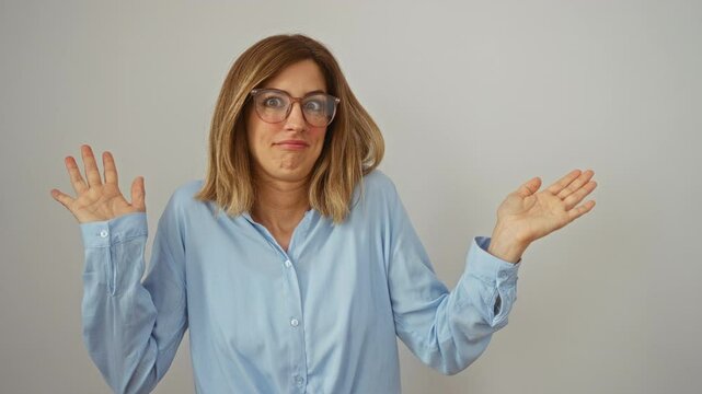 Young blonde woman wearing glasses standing clueless and confused with hands raised in questioning expression over isolated white background