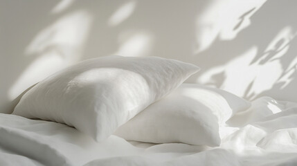 Obraz premium a close-up view of two or three soft white pillows resting on smooth white linens, arranged in a zen-like, minimalist composition