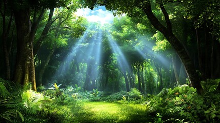 Obraz premium Sunbeams in a Lush Green Forest Clearing