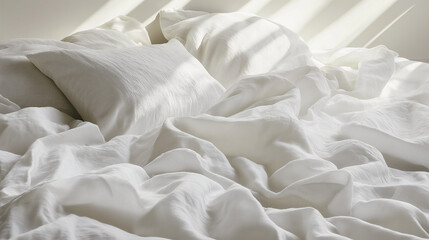 a minimalist, close-up view of an unmade bed with white sheets slightly tousled, capturing simplicity and quiet luxury