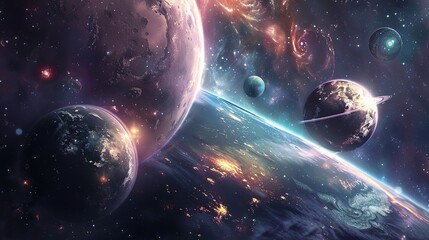 Obraz premium A display of various celestial bodies in a galaxy, Nebula and galaxies in space. Abstract cosmos background